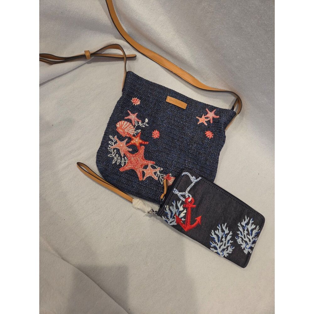 Vera Bradley Starfish Straw Crossbody Bag & Anchors Aweigh Tech Wristlet Bundle